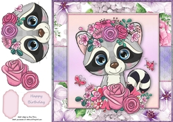 Beautiful Raccoon With Pink & Purple Flowers 8x8