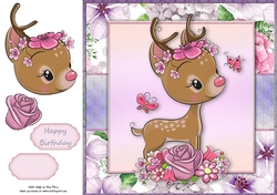 Beautiful Brown Deer With Pink & Purple Flowers 8x8