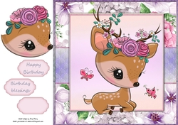 Beautiful Brown Deer Lying Down With Pink & Purple Flowers 8x8