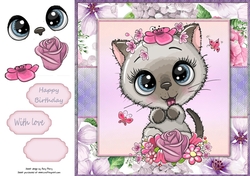 Beautiful Grey Kitten With Pink & Purple Flowers 8x8