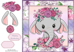 Beautiful Grey Elephant With Pink & Purple Flowers 8x8