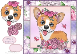Beautiful Corgie Dog With Pink & Purple Flowers 8x8