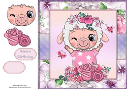 Beautiful White Fluffy Ewe With Pink & Purple Flowers 8x8
