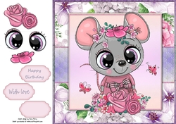 Beautiful Grey Mouse With Pink & Purple Flowers 8x8