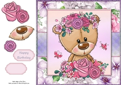 Beautiful Brown Bear With Pink & Purple Flowers 8x8