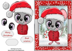 Cute Christmas Grey Mouse In Santa Hat