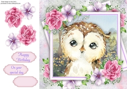 Beautiful Owl With Pink Roses 8x8