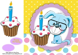 Cute Blue Dog With Birthday Cupcake 8x8