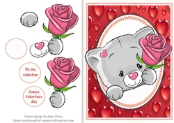 Cute Valentine Grey Cat With Pink Rose 
