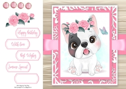 Gorgeous Black & White Dog With Roses 8x8