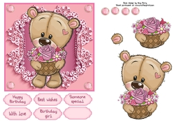 Pretty In Pink Flowers Bear With A Basket 6x6