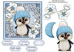 Gorgeous Penguin In A Bobble Hat With Blue Festive Flowers 6x6
