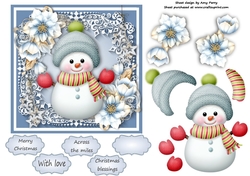 Gorgeous Snowman In A Bobble Hat With Blue Festive Flowers 6x6
