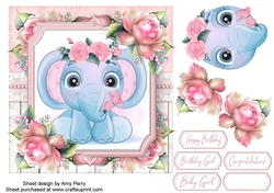 Cute Elephant With Pink Roses 7x7