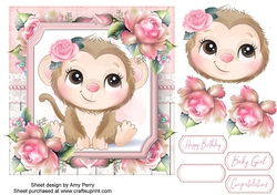 Cute Monkey With Pink Roses 7x7