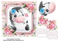 Cute Zebra Bulldog With Pink Roses 7x7