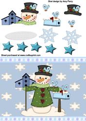 Blue Christmas Snowman with a Bird House