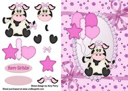 Cute Pink Birthday Cow with Balloons