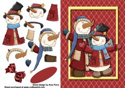 Two Dark Red Snowmen in Gold Frame