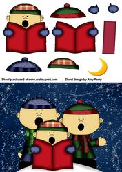 3 Christmas Children Singing on Blue Starry Night
