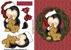 Christmas Penguin & Gingerbread Man in Holly Wreath