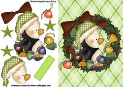 Christmas Penguin with Green Hat in Holly Wreath