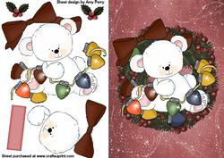 Christmas Polar Bear in Holly Wreath with Lights