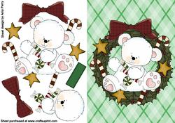 Christmas Polar Bear in Holly Wreath with Stars