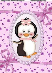 Cute Girl Penguin in Pink Frame with Corner Bows