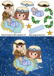 Mary, Joseph & Baby Jesus on Blue Sparkle Paper