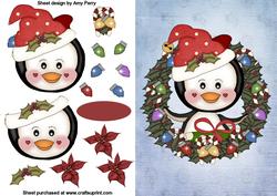 Cute Penguin in Holly Wreath with Christmas Lights