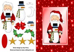Santa & a Small Snowman in a Red Twinkle Frame
