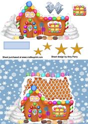 Lovely Little Gingerbread House on Blue Snowflake Background