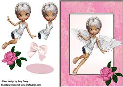 Little White Fairy in Pretty Pink Frame with Rose