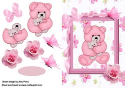 Cute Fuzzy Mummy & Baby Bear in Pretty Bow Frame