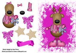 Cute Pink Reindeer on Pink Snowflake Backing Paper