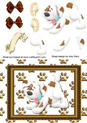 Cute White & Brown Dog in Wood Frame