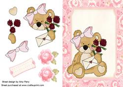 Cute Valentines Bear with Card & Roses
