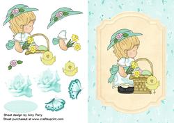 Cute Little Girl in Aqua Hat with Daffodils