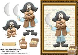 Funny Pirate in Wooden Frame with Treasure Chest
