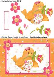 Cute Orange Bird in Pink Frame with Flowers