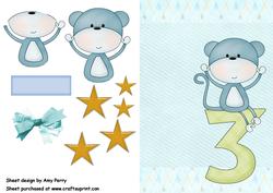Cuddly Baby Blue Monkey with Number 3