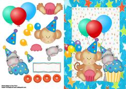 Cute Birthday Hippo & Monkey with Balloons