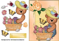 Cute Gardening Bear with Peach Rose