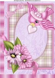 Beautiful Pink & Lilac Flowers & Little Pink Bird A4