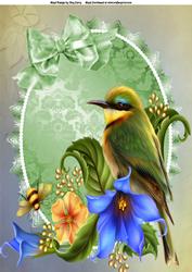 Beautiful Green Bird in Flowers A4