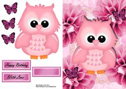 Cute Pink Owl on Large Pink Rose's