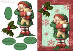 Lovely Little Christmas Elf Cuddling a Bear