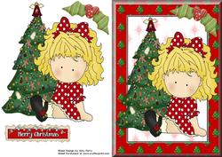 Little Girl in Red Polka Dot Dress with Christmas Tree