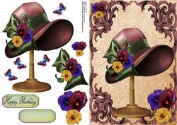 Deep Burgandy Hat with Multi-colour Pansy's